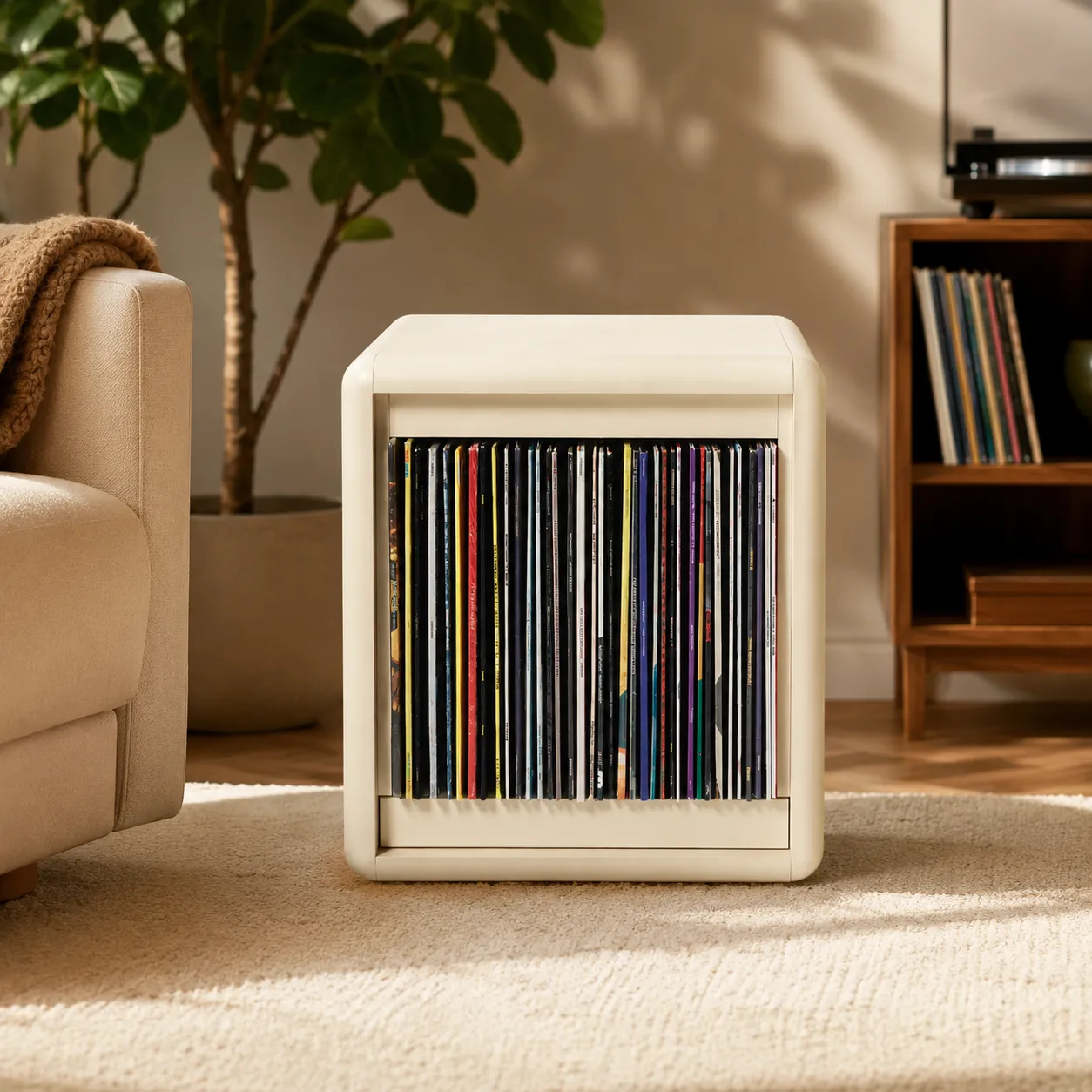 Closed fan-opening vinyl record storage cabinet with records neatly organized