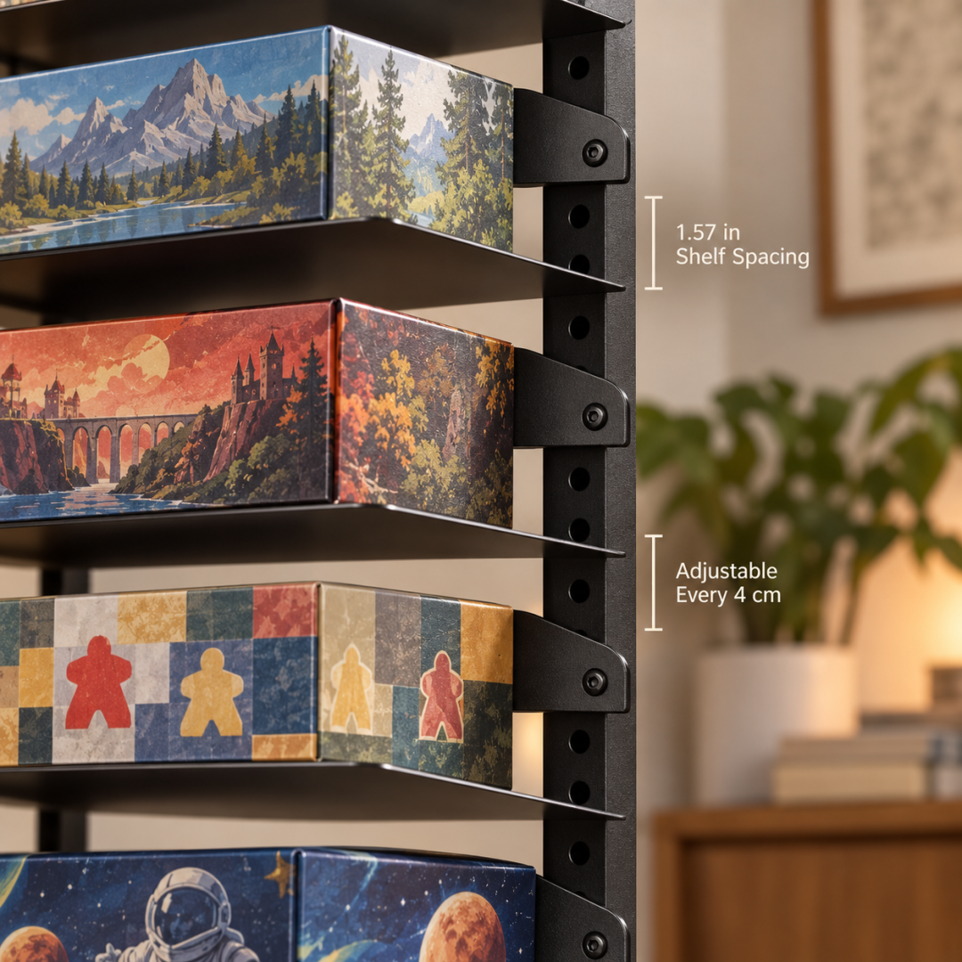 Close view of the adjustable board game shelves with 1.57 inch spacing