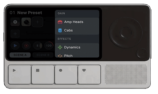 Animated guitar studio interface browsing amp heads, cabinets and effects