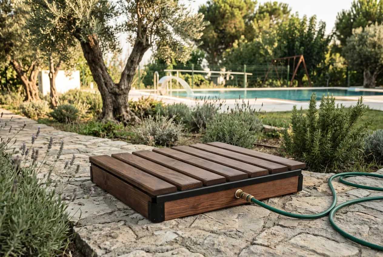 Rainstep portable shower platform in a garden and villa setting