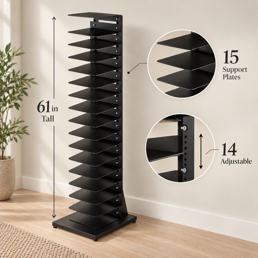 61 inch tall board game storage rack with 15 support plates and 14 adjustable levels
