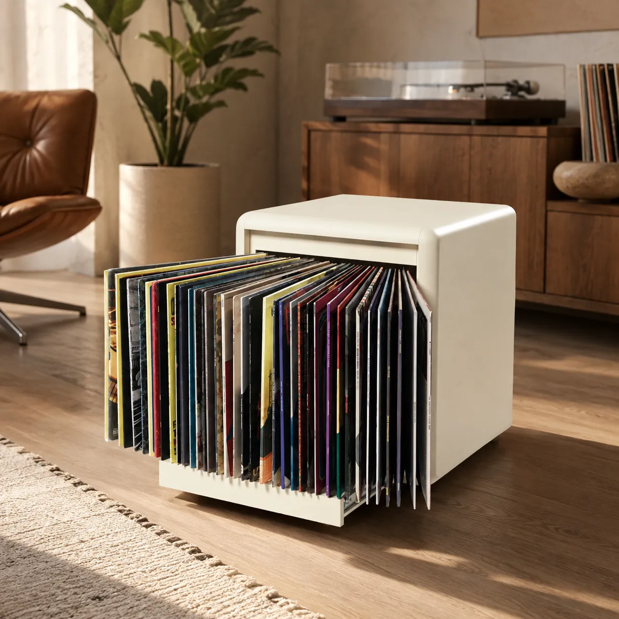 Fan-opening vinyl record storage cabinet in a modern living room