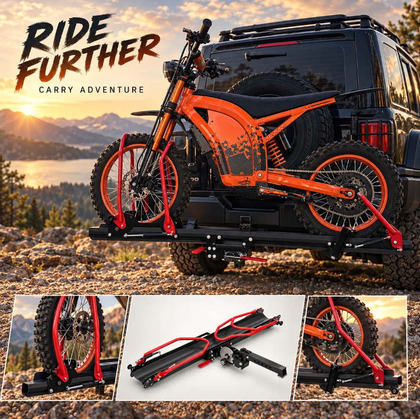 Hitch-mounted dirt bike carrier detail and dimensions