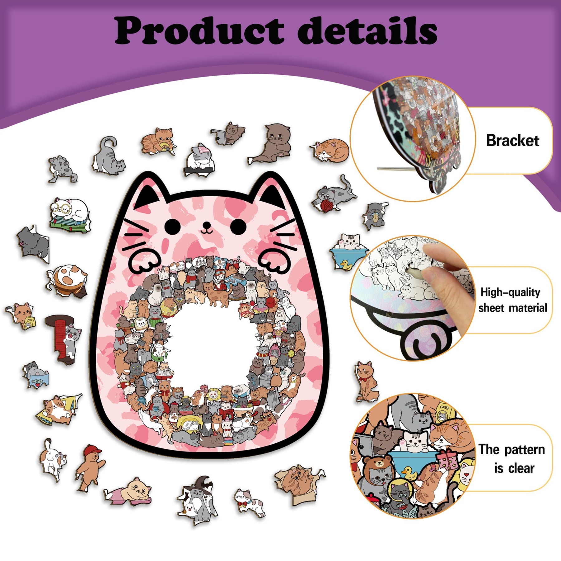 135-Piece Wooden Cat Shaped Puzzle | Cute Kitten Jigsaw for Kids & Adults | Unique Animal Decor