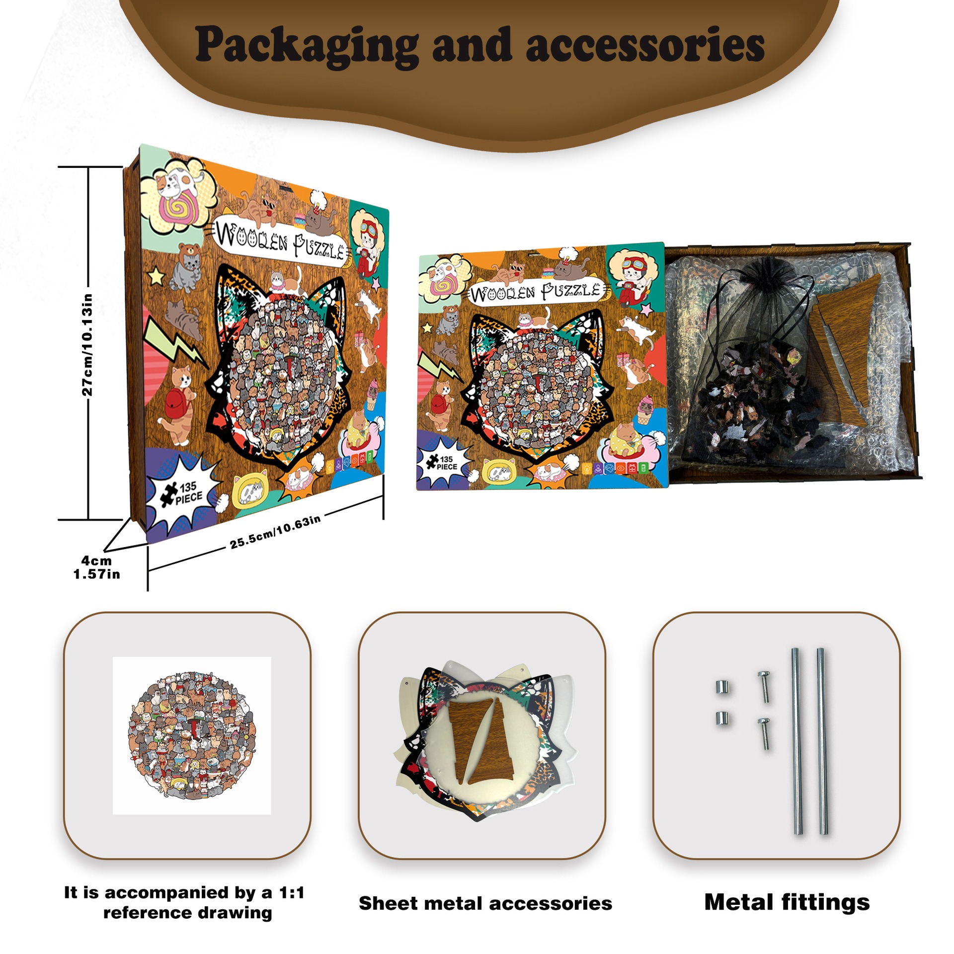 135-Piece Wooden Cat Shaped Puzzle | Cute Kitten Jigsaw for Kids & Adults | Unique Animal Decor