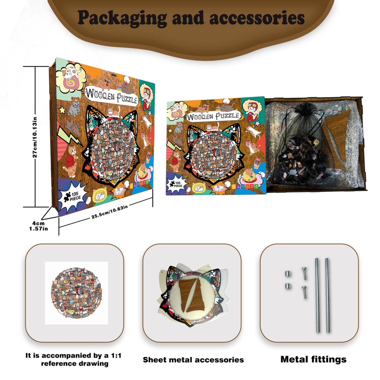 135-Piece Wooden Cat Shaped Puzzle | Cute Kitten Jigsaw for Kids & Adults | Unique Animal Decor