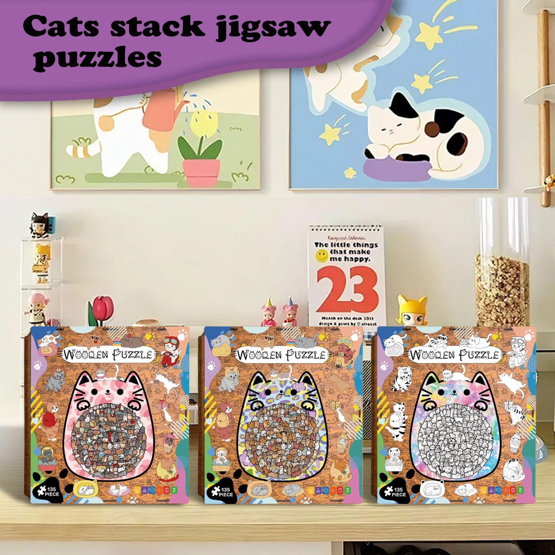135-Piece Wooden Cat Shaped Puzzle | Cute Kitten Jigsaw for Kids & Adults | Unique Animal Decor