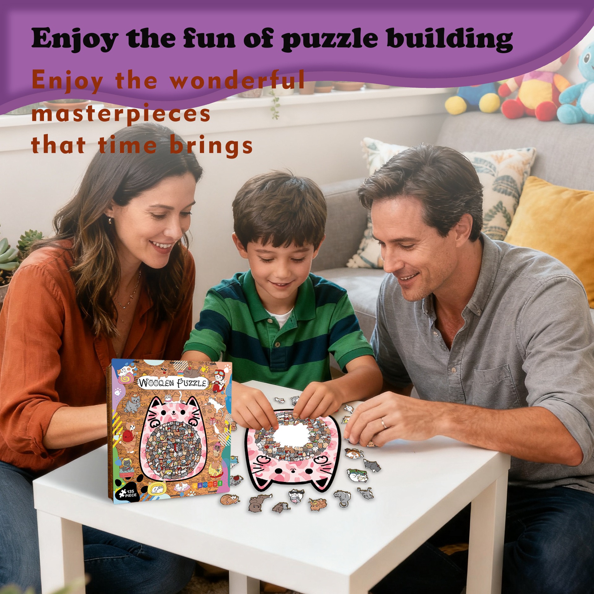 135-Piece Wooden Cat Shaped Puzzle | Cute Kitten Jigsaw for Kids & Adults | Unique Animal Decor
