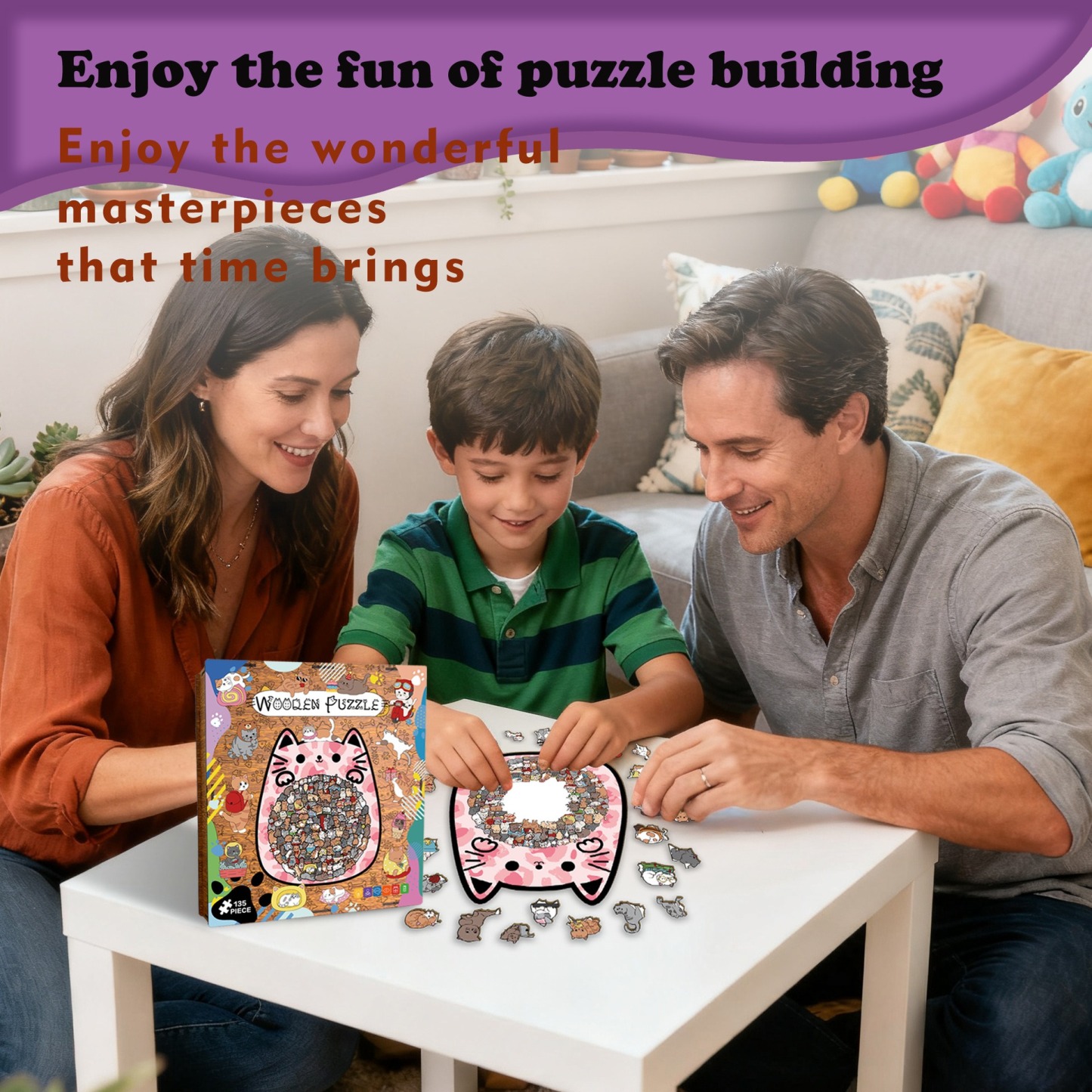 135-Piece Wooden Cat Shaped Puzzle | Cute Kitten Jigsaw for Kids & Adults | Unique Animal Decor
