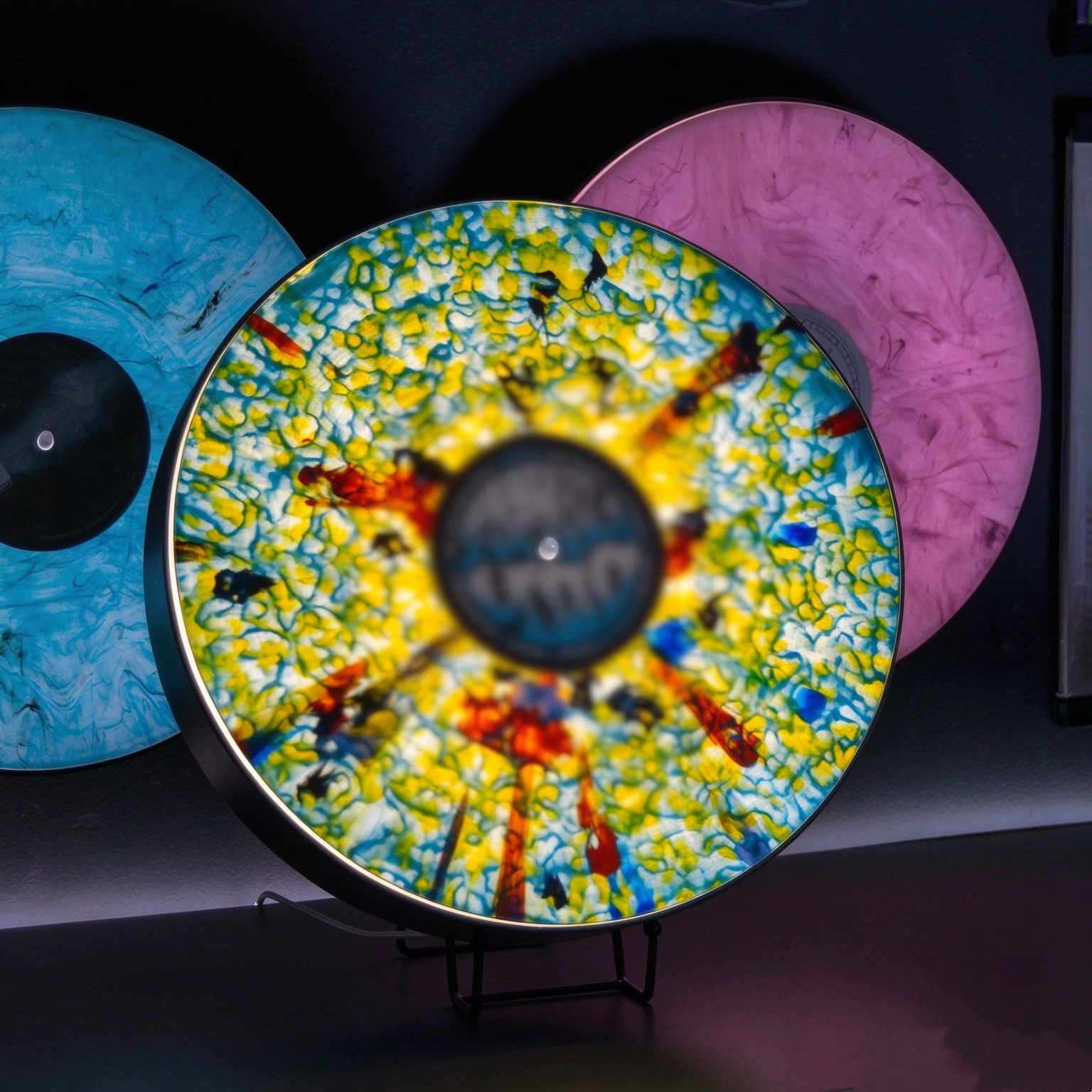 Sound-reactive vinyl display illuminated with colorful lighting