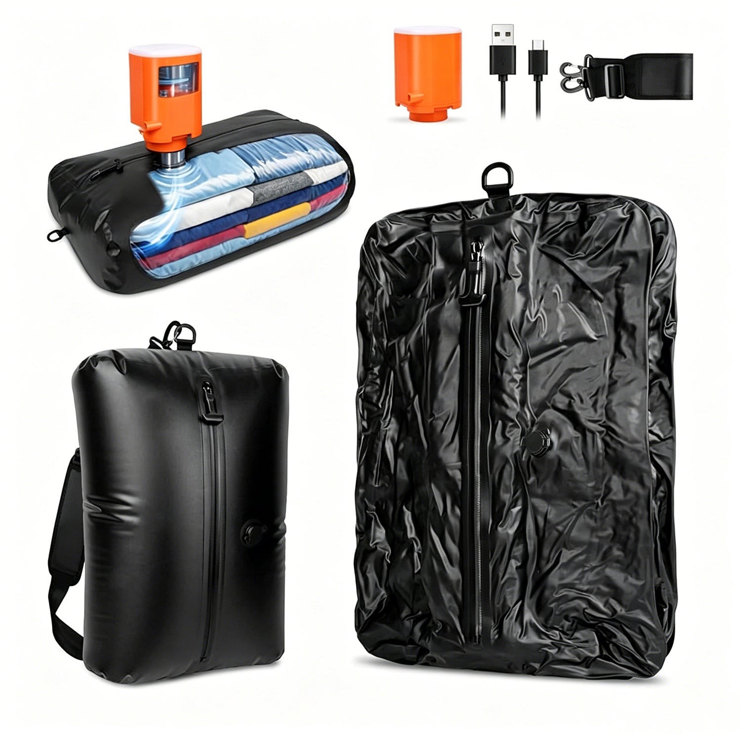 Travel vacuum bag with shoulder strap and mini pump