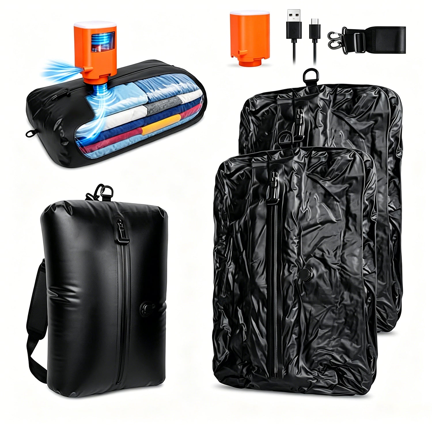 Travel vacuum bag with shoulder strap and mini pump