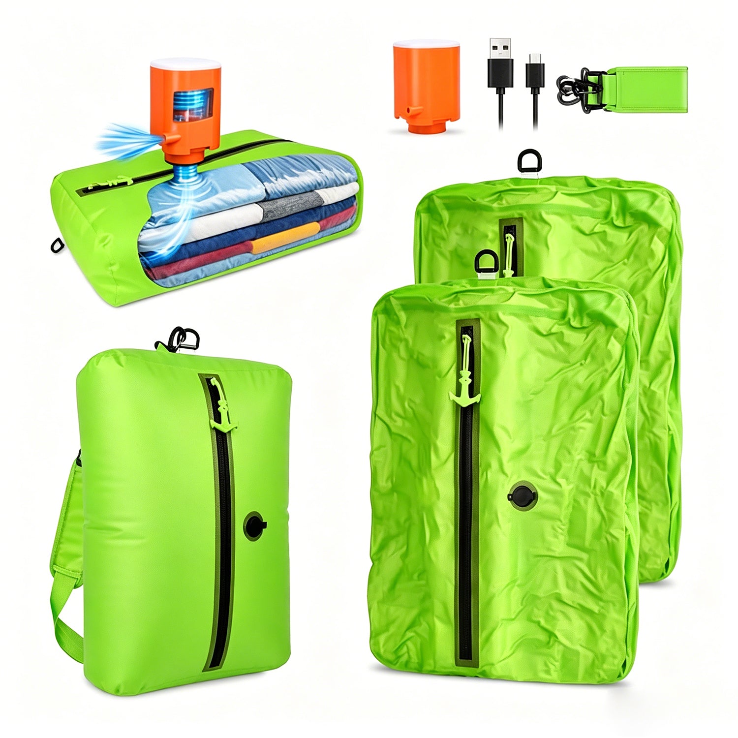 Travel vacuum bag with shoulder strap and mini pump