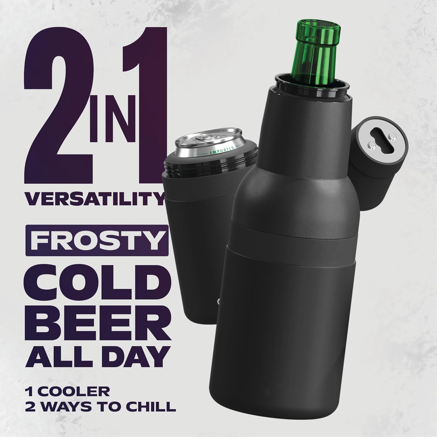 Vacuum Insulated Stainless Steel Beer Can & Bottle Cooler with Built-In Opener