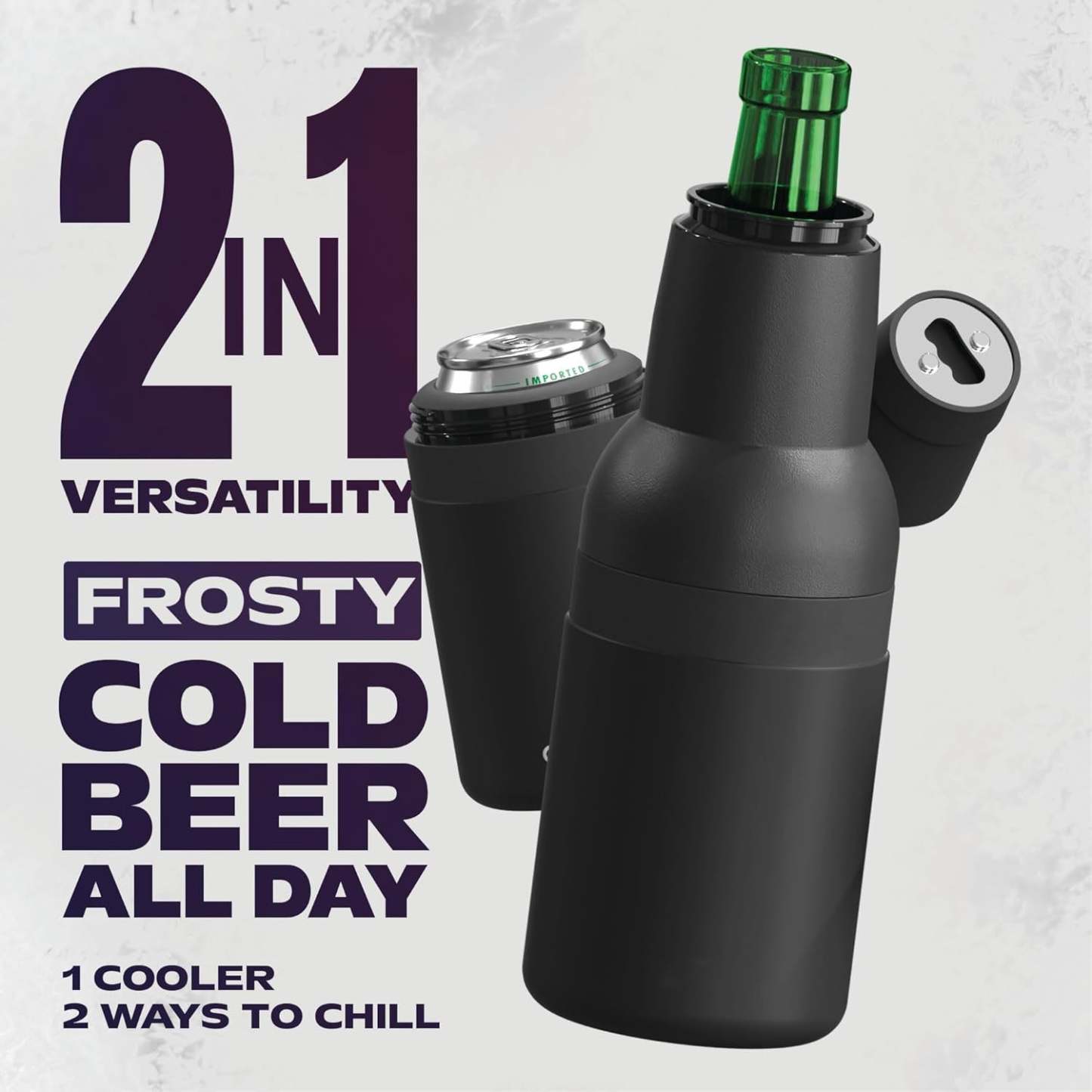 Vacuum Insulated Stainless Steel Beer Can & Bottle Cooler with Built-In Opener