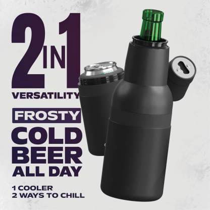 Vacuum Insulated Stainless Steel Beer Can & Bottle Cooler with Built-In Opener