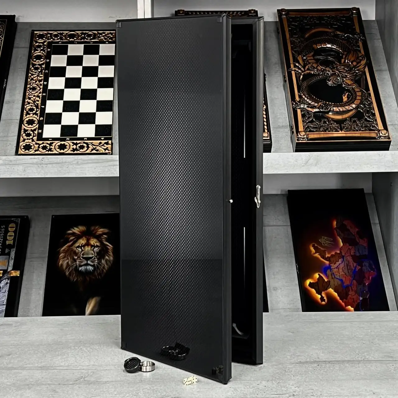 Premium Carbon Fiber Backgammon Set, Luxury Dual-Game Board 64×29cm, Glass & Resin Playing Field with Metal Pieces, Collector Edition Table Game