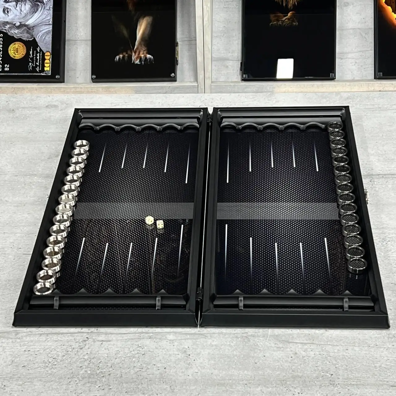 Premium Carbon Fiber Backgammon Set, Luxury Dual-Game Board 64×29cm, Glass & Resin Playing Field with Metal Pieces, Collector Edition Table Game