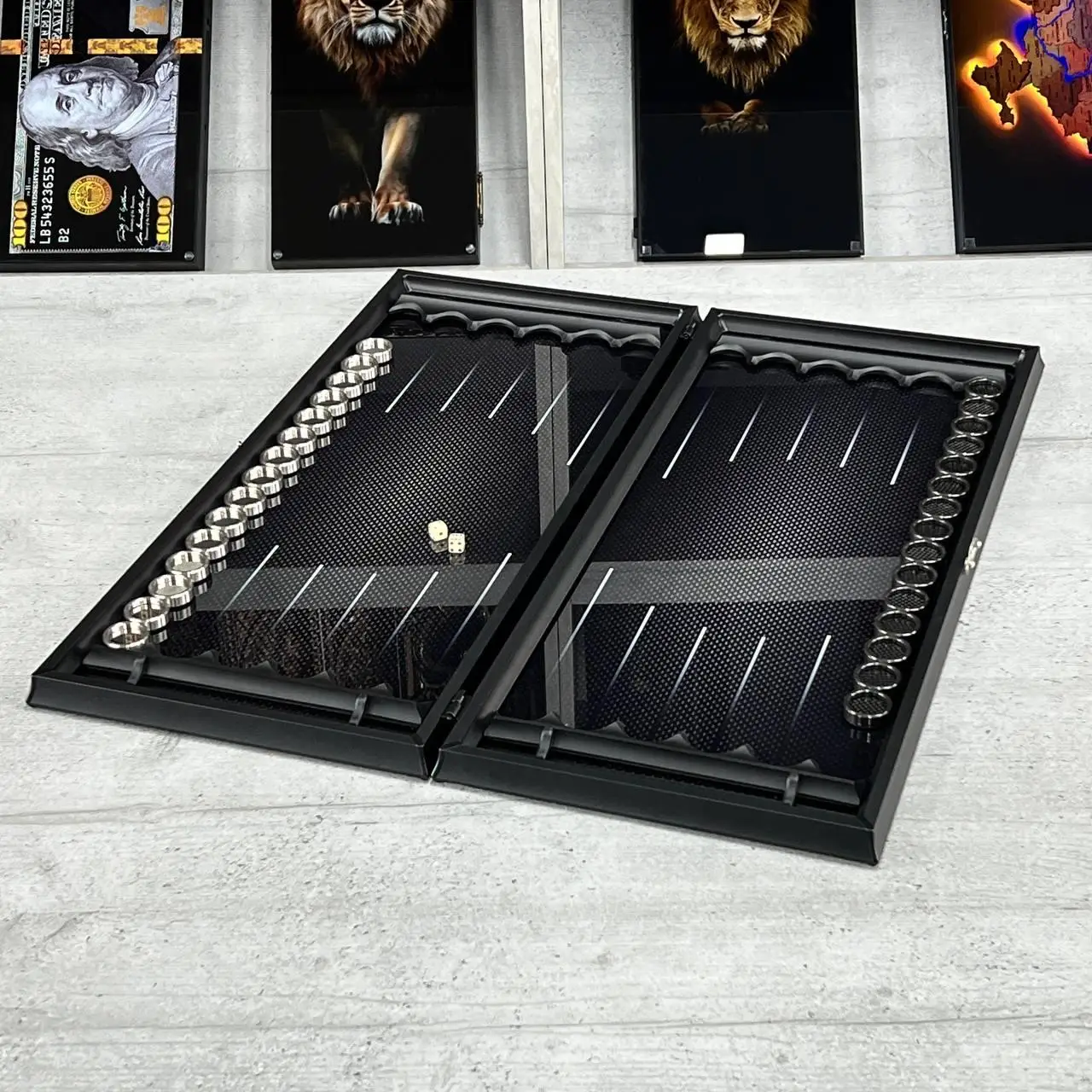 Premium Carbon Fiber Backgammon Set, Luxury Dual-Game Board 64×29cm, Glass & Resin Playing Field with Metal Pieces, Collector Edition Table Game