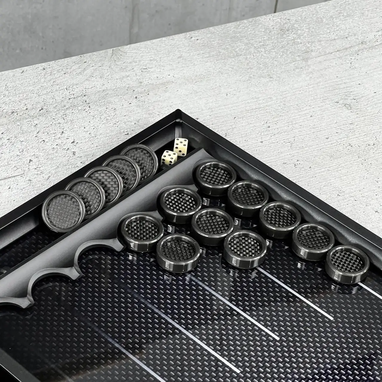 Premium Carbon Fiber Backgammon Set, Luxury Dual-Game Board 64×29cm, Glass & Resin Playing Field with Metal Pieces, Collector Edition Table Game