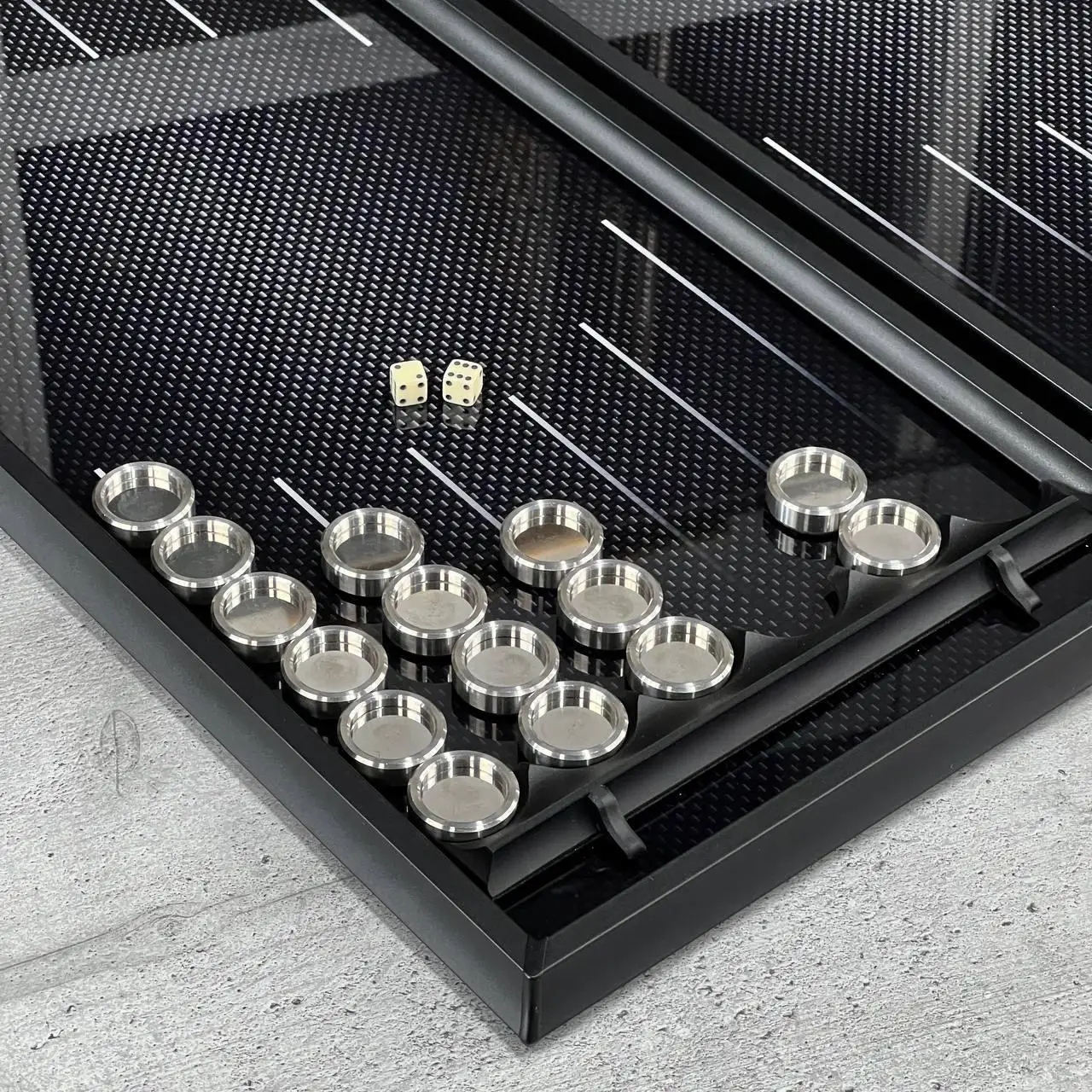 Premium Carbon Fiber Backgammon Set, Luxury Dual-Game Board 64×29cm, Glass & Resin Playing Field with Metal Pieces, Collector Edition Table Game