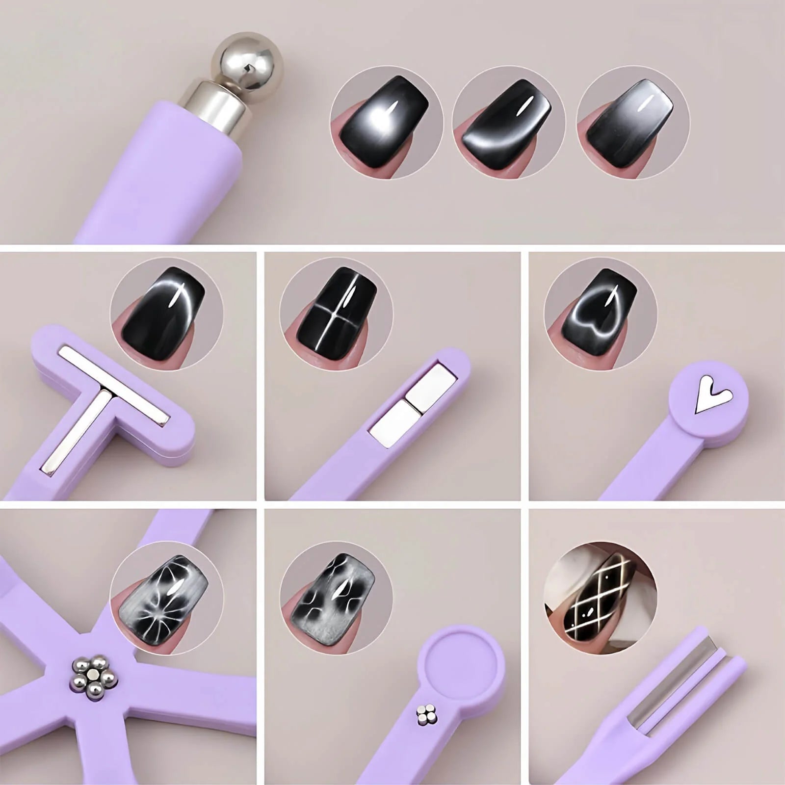 8-in-1 Cat Eye Nail Magnet – Heart, French, Grid, and Wide Light Effects Tool