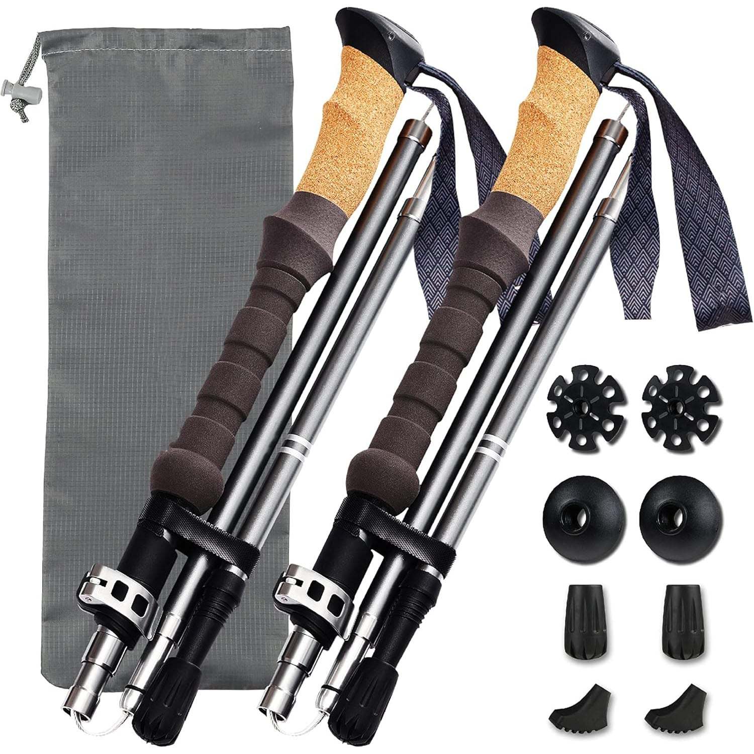 Cork Grip Trekking Poles – Lightweight Folding Hiking Poles with Adjus