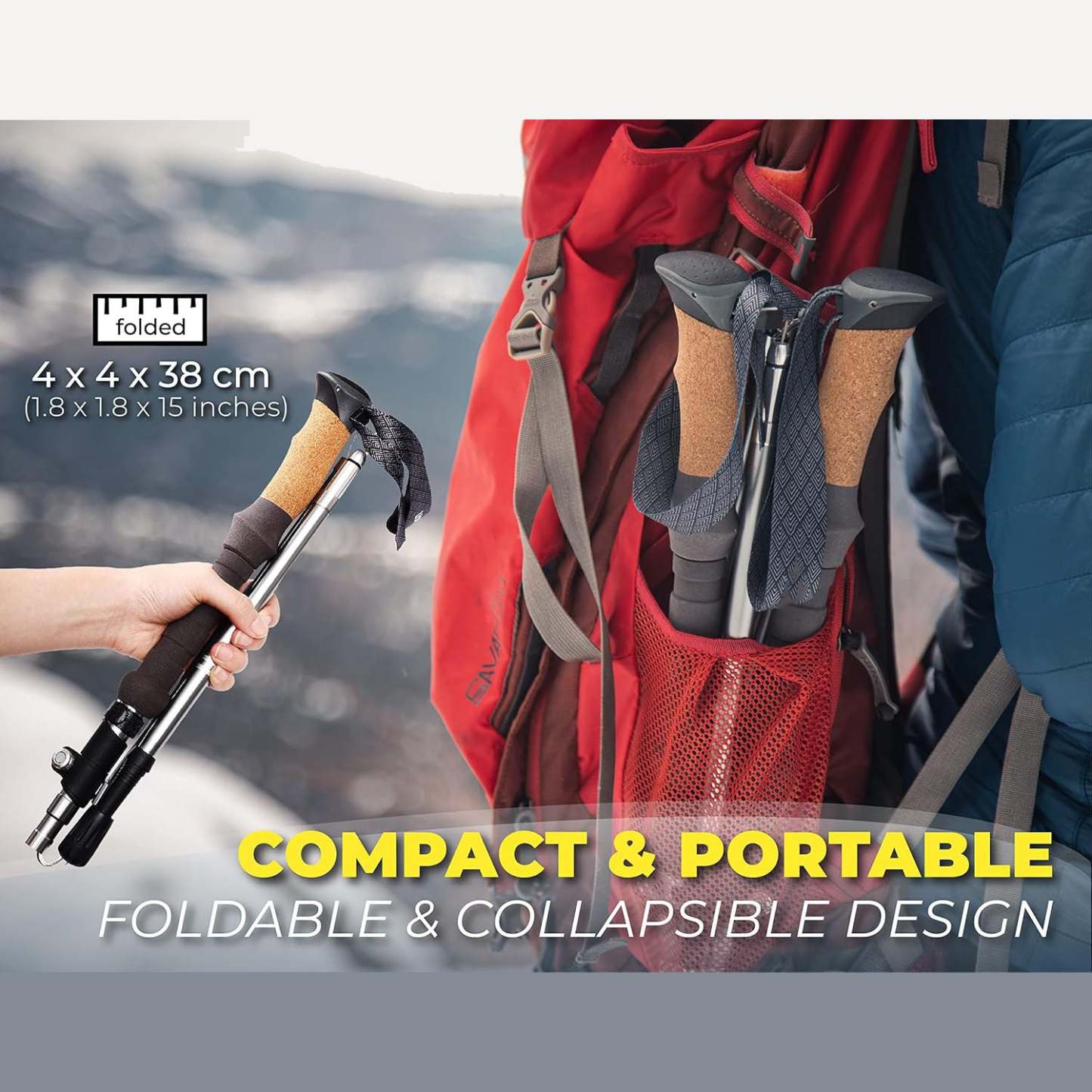 Cork Grip Trekking Poles – Lightweight Folding Hiking Poles with Adjustable Height and Compact Travel Design