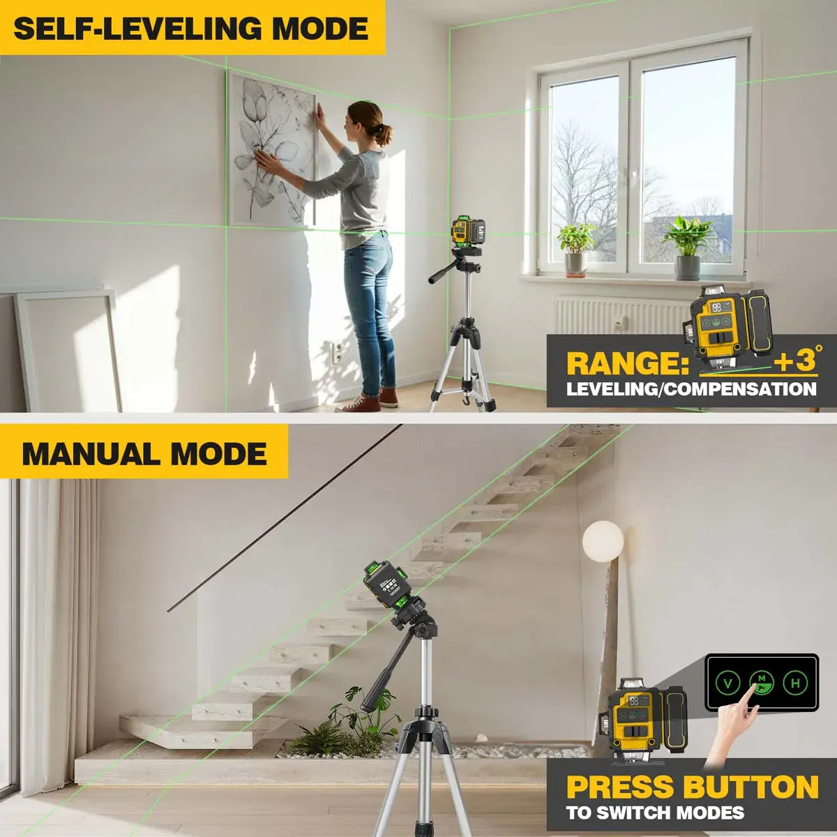 Laser level with tripod, 4x360° self-leveling laser level