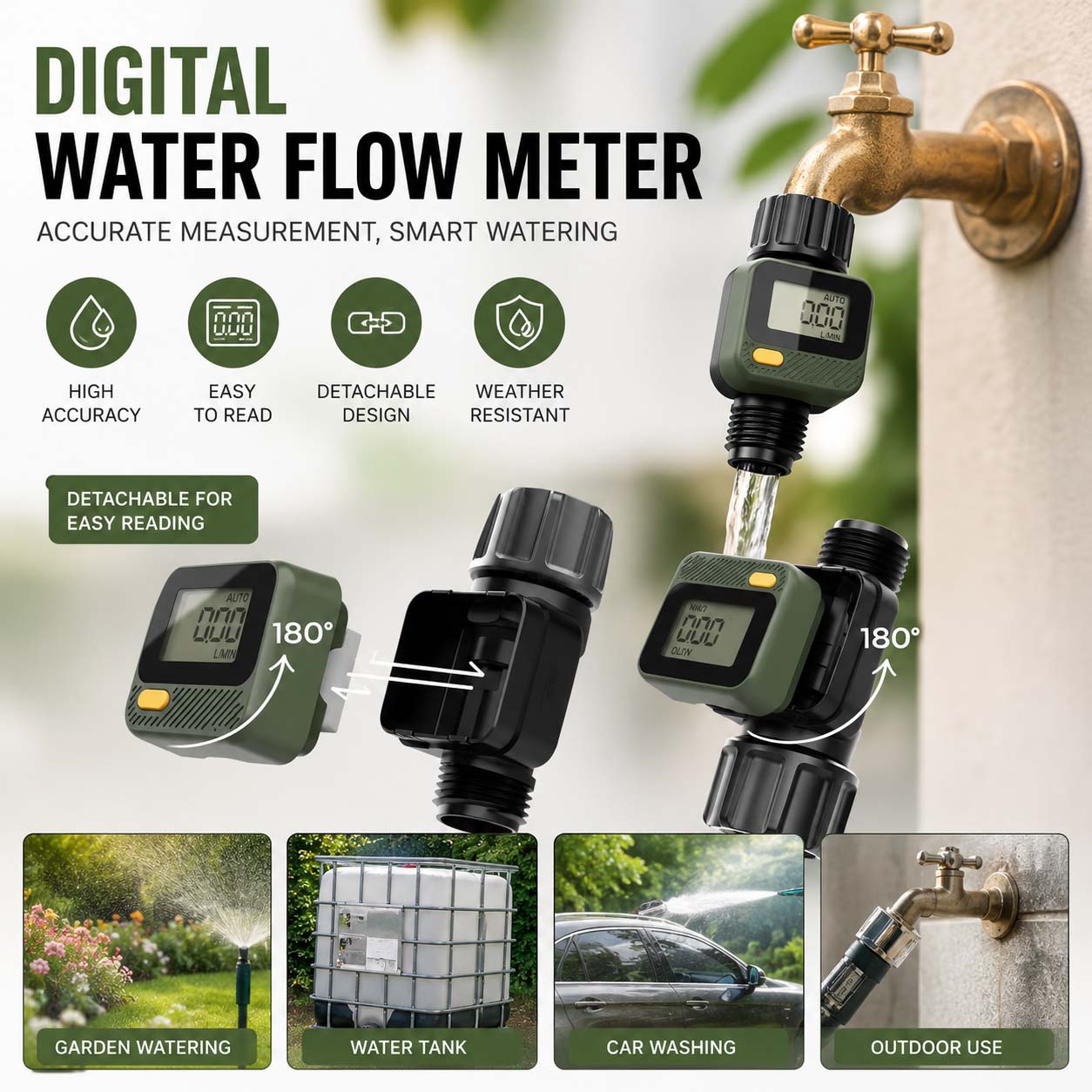 Digital water flow meter for high-precision measurement of outdoor garden watering