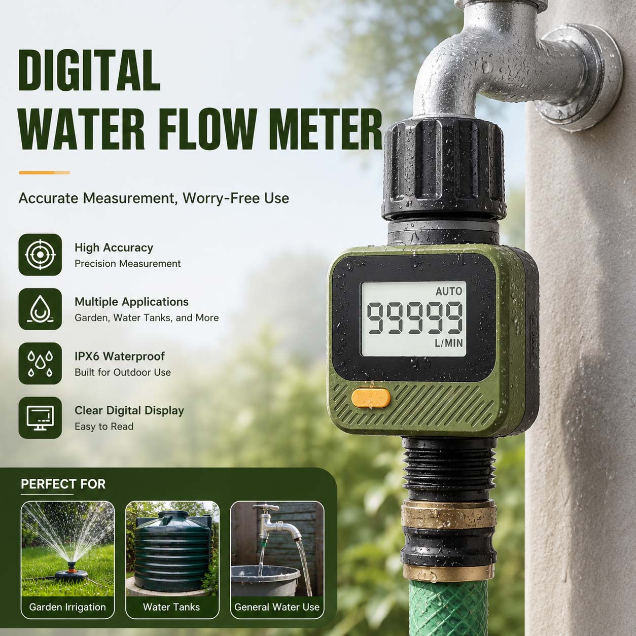 Digital water flow meter for high-precision measurement of outdoor garden watering