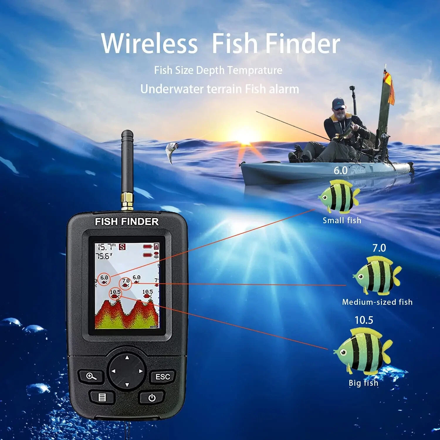 Portable Wireless Sonar Fishing Alert Fish Finder Underwater Fishing Detector