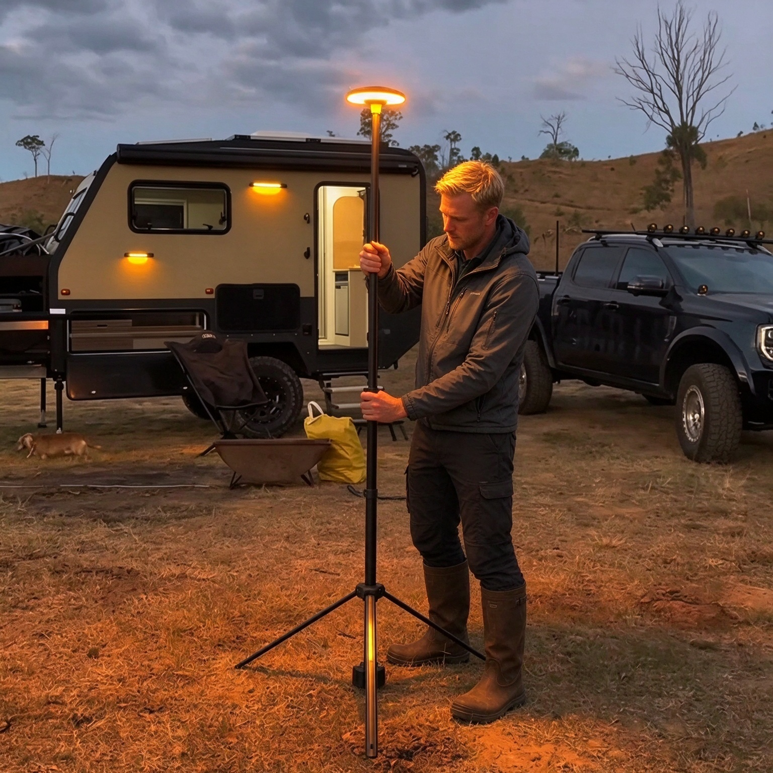 3,000-Lumen Telescopic Camp & Work Light — 3m Height, 2000K–6500K Seamless Color, 55Wh Battery, Wireless Remote, IP65