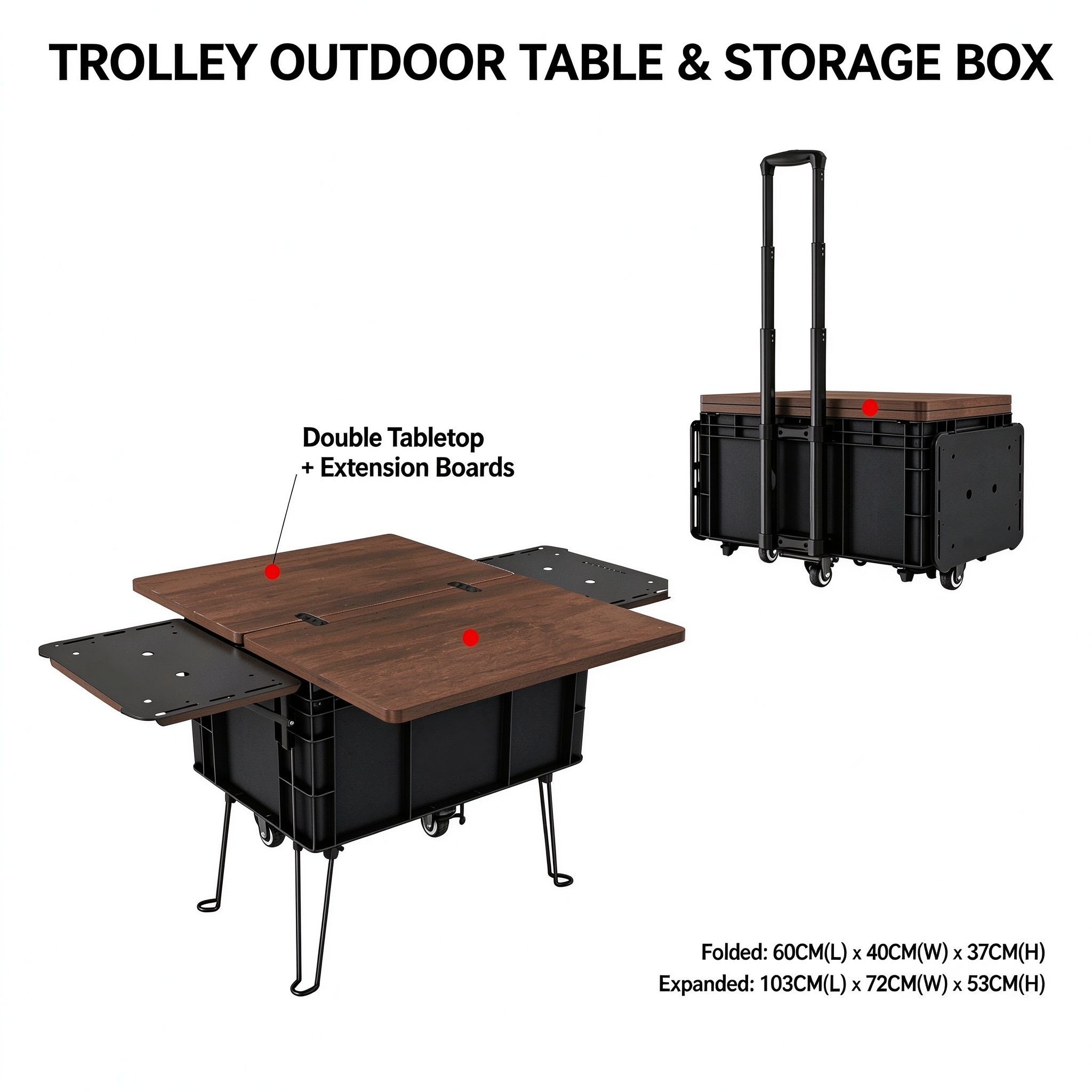 Rolling Camping Table and Storage Box – 3-in-1 Folding Cart with Expandable Tabletop