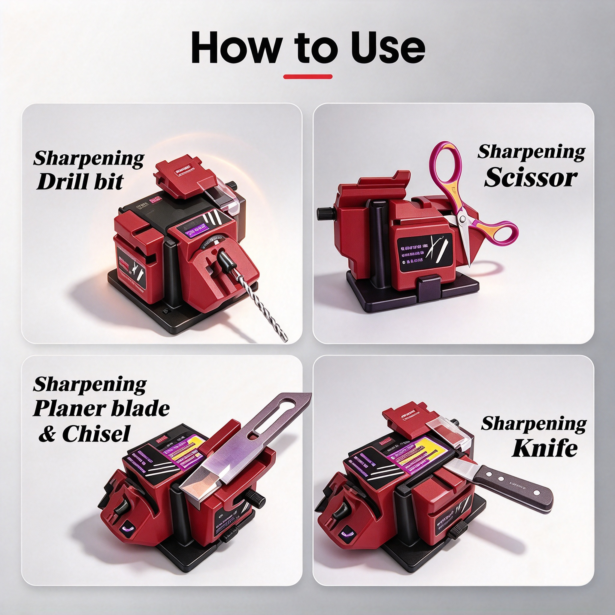 Electric Sharpener for Drills, Knives, Chisels & Scissors – 3-in-1 Workshop Tool