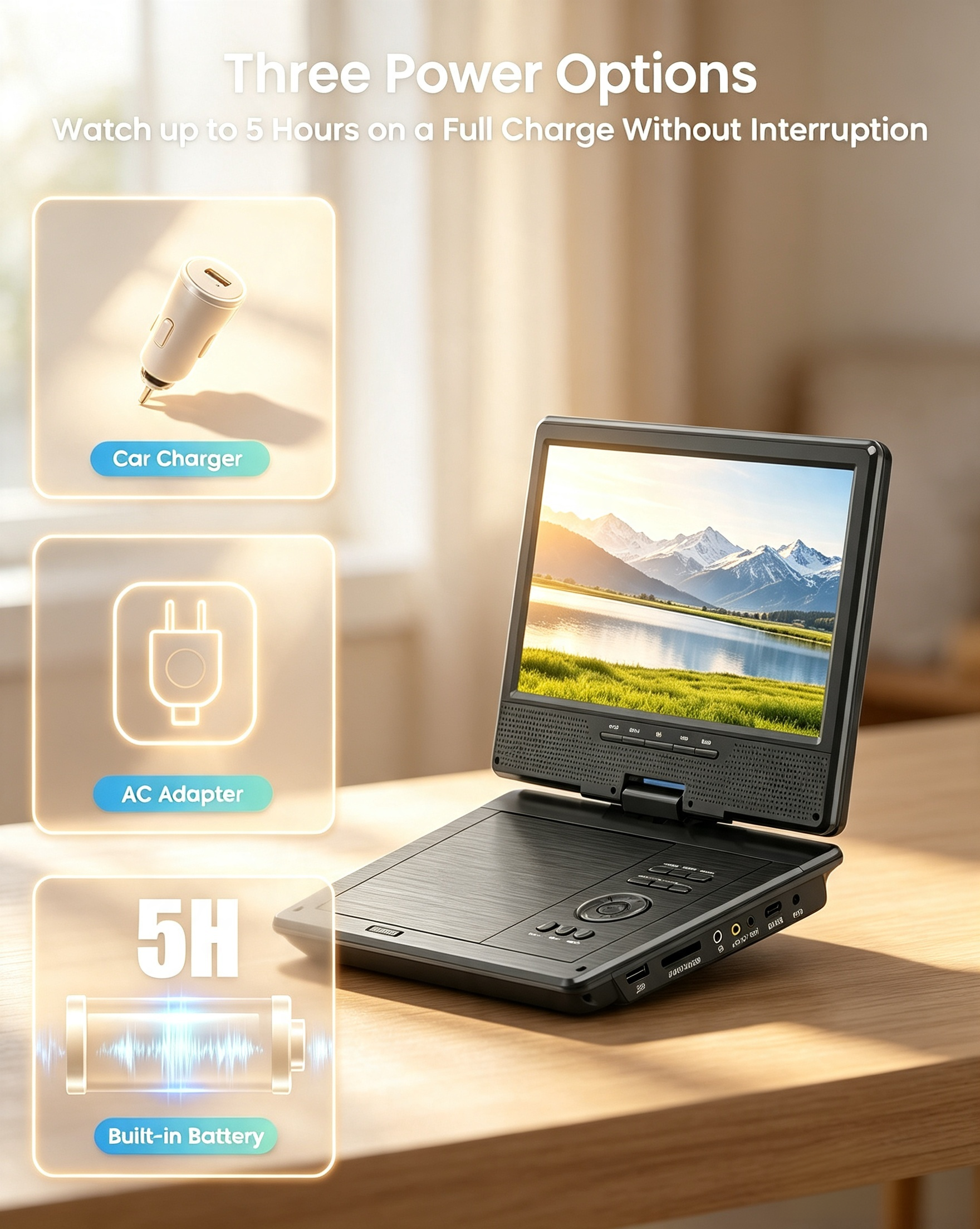 Portable DVD Player – 10.5″ HD Swivel Screen, 5-Hour Battery, Car Headrest Mount, Region-Free