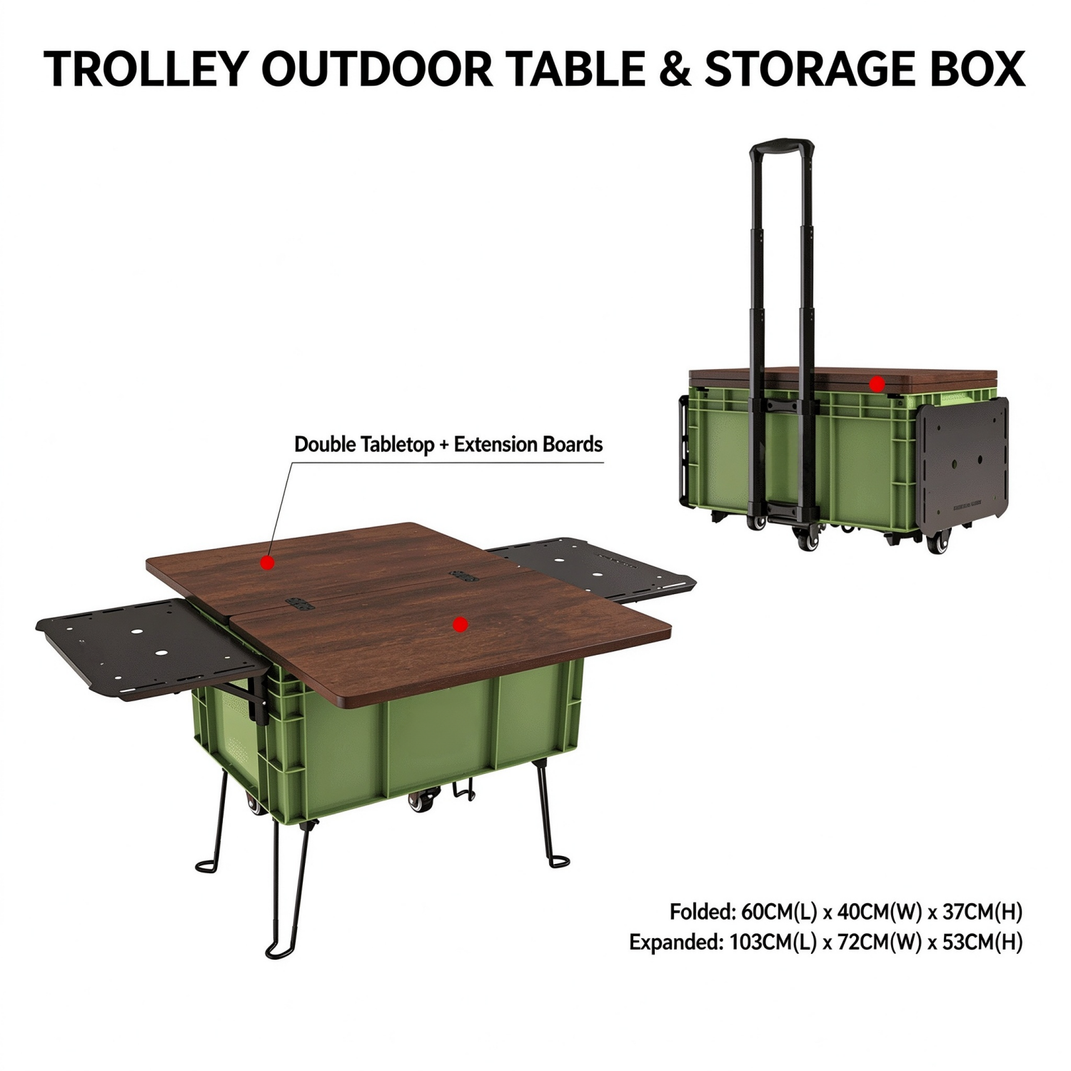 Rolling Camping Table and Storage Box – 3-in-1 Folding Cart with Expandable Tabletop