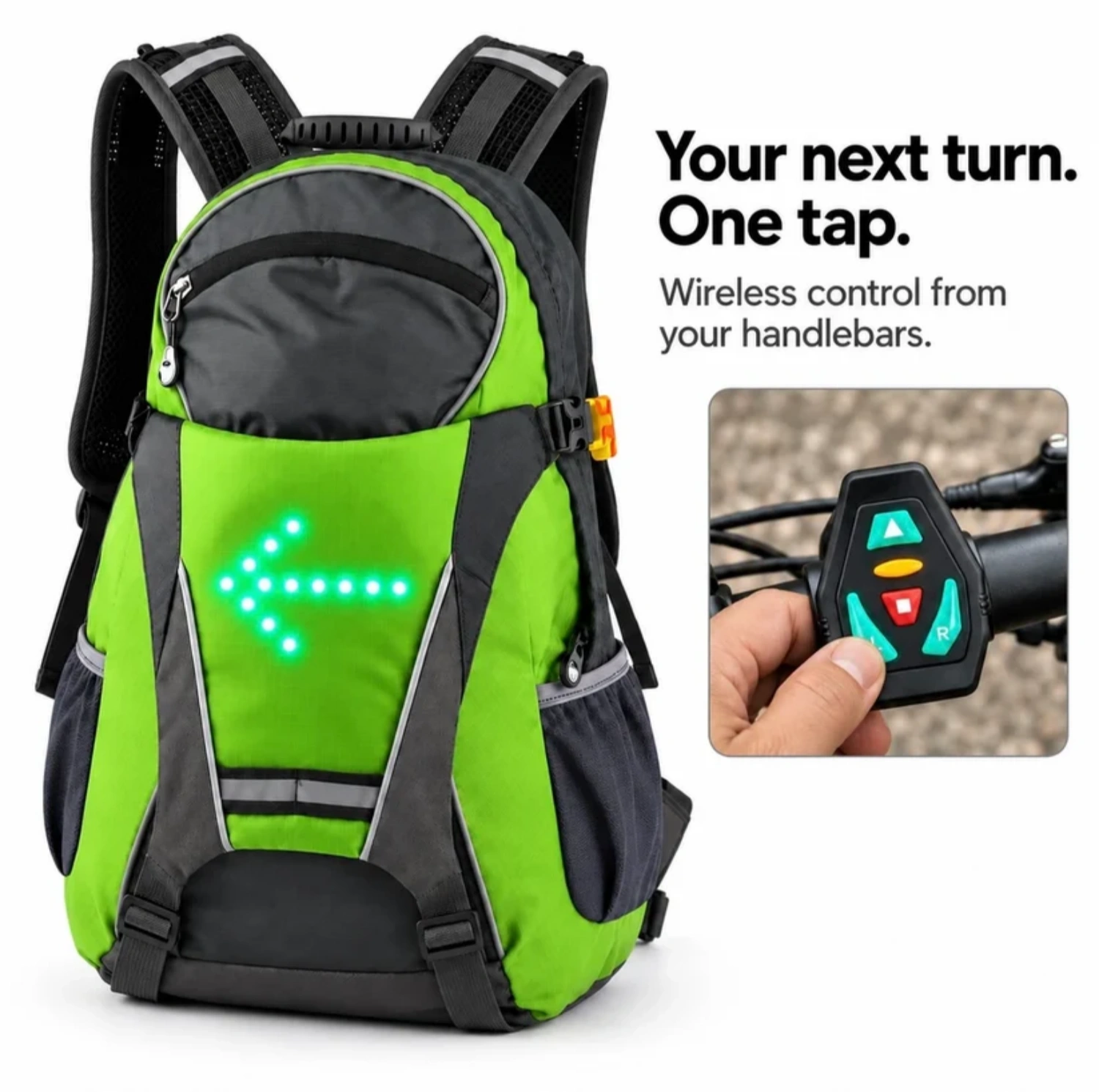 LED Turn Signal Backpack – Wireless Remote, 1-Month Battery, 18L Commuter Pack