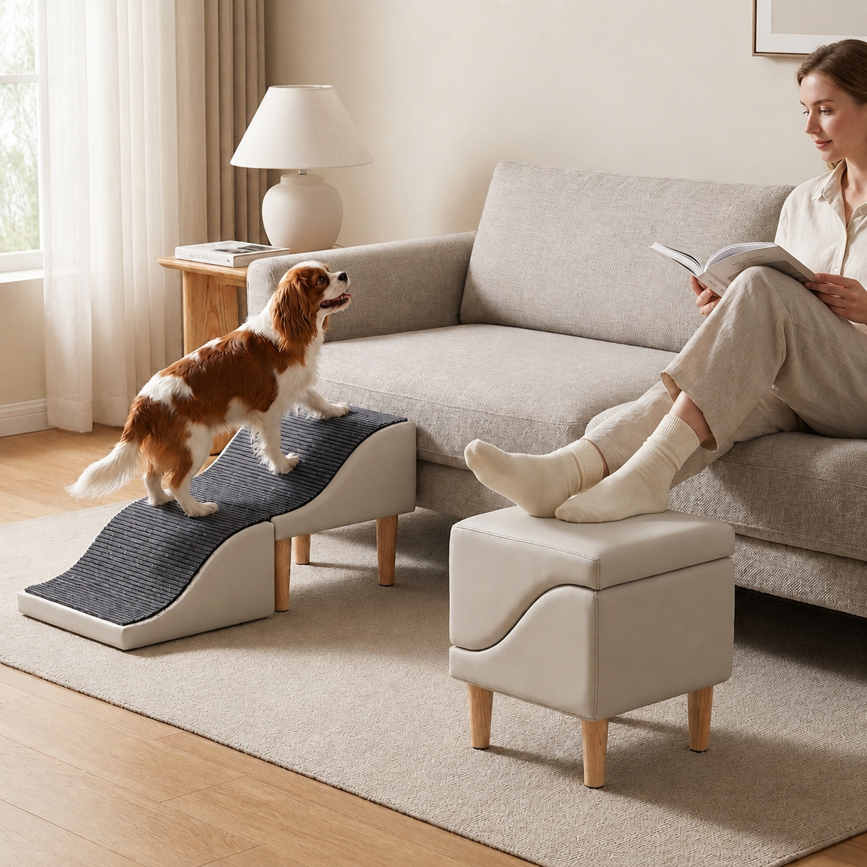 Indoor pet ramp beside a sofa
