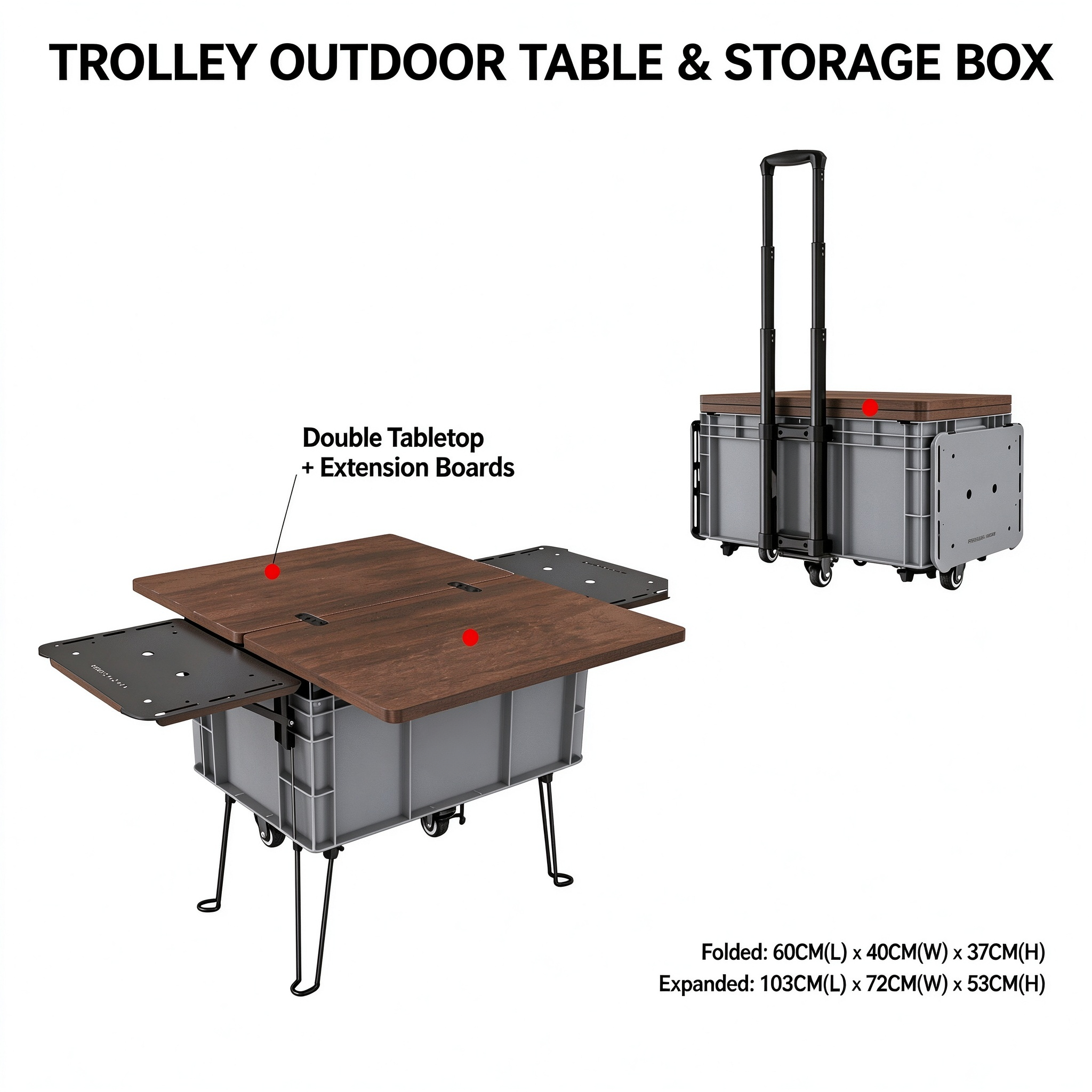Rolling Camping Table and Storage Box – 3-in-1 Folding Cart with Expandable Tabletop
