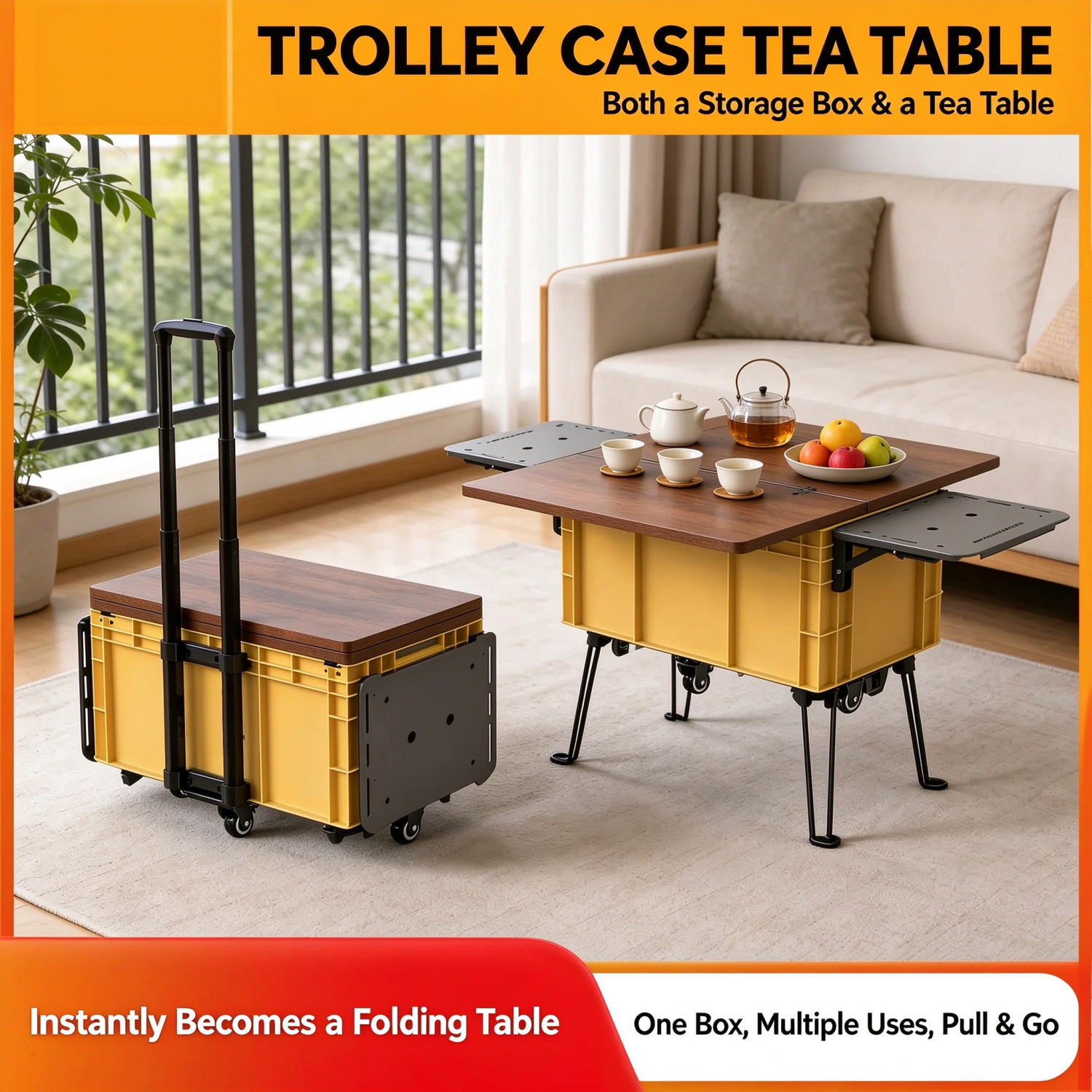 Rolling Camping Table and Storage Box – 3-in-1 Folding Cart with Expandable Tabletop