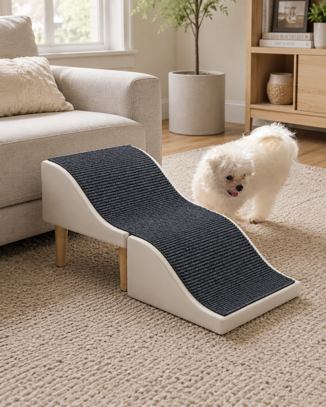 Dog using indoor ramp