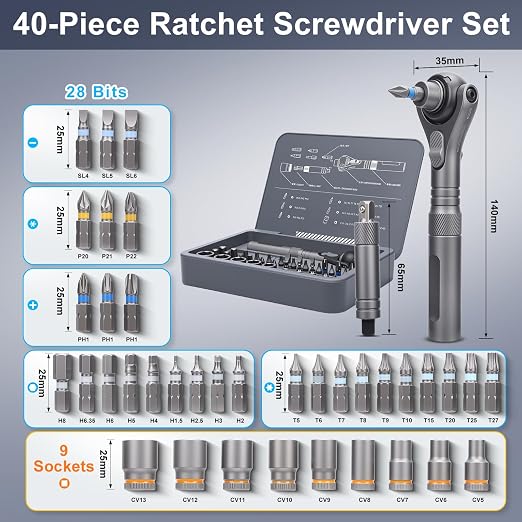 38-in-1 Magnetic Ratchet Screwdriver Set – 180° Adjustable Head with Portable Storage Case