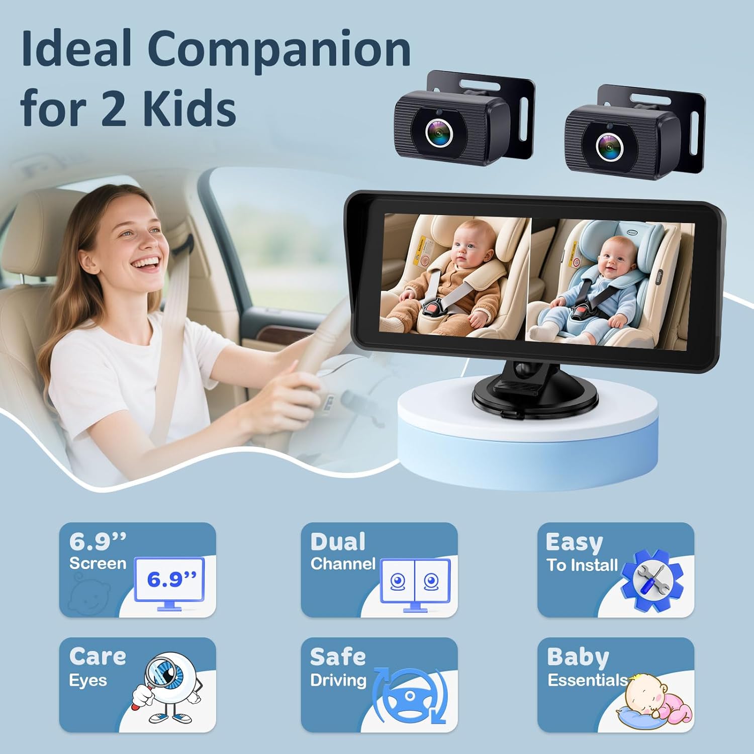 Dual Child Car Camera – 6.9" Ultra-Wide Screen with Two Rear Cameras