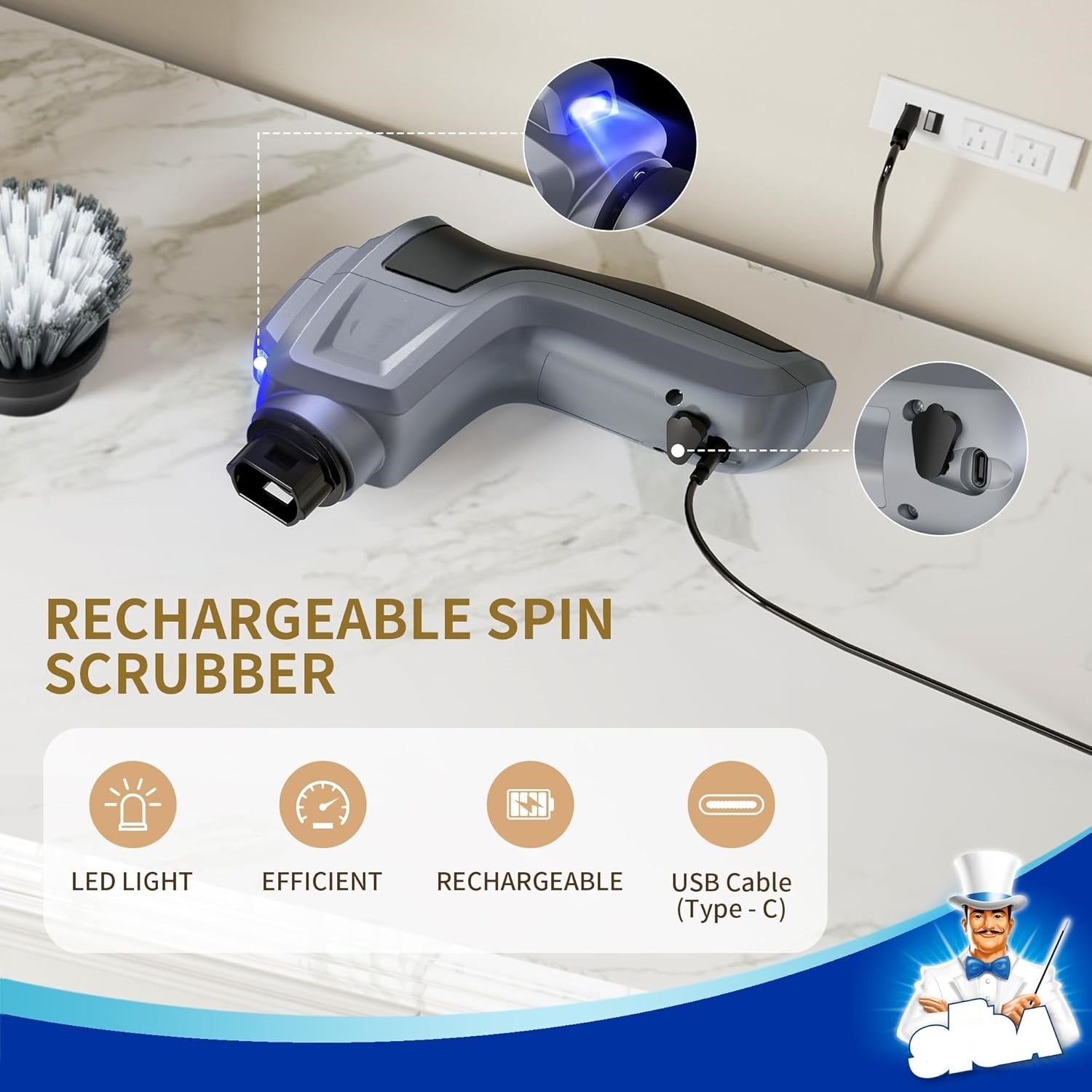 Electric Spin Scrubber – Cordless, Waterproof, LED Light, 5 Replaceable Brushes & Pads