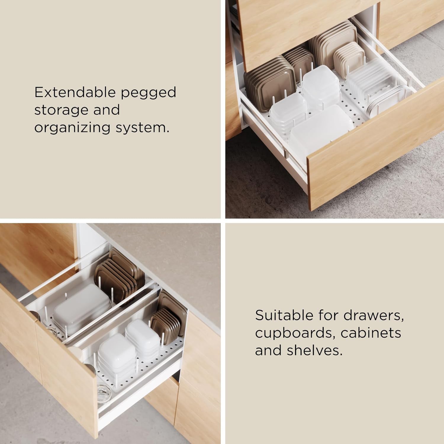 Kitchen Drawer Cabinet Organizer Tray – Adjustable Storage System for Food Containers