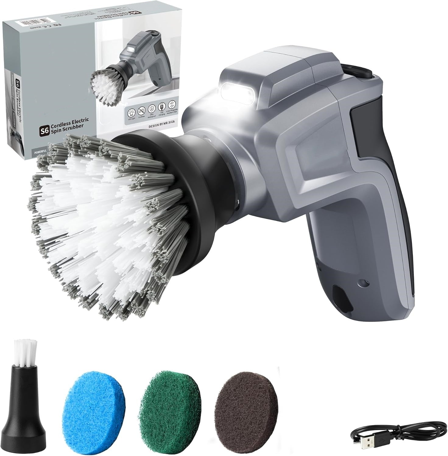 Electric Spin Scrubber – Cordless, Waterproof, LED Light, 5 Replaceable Brushes & Pads