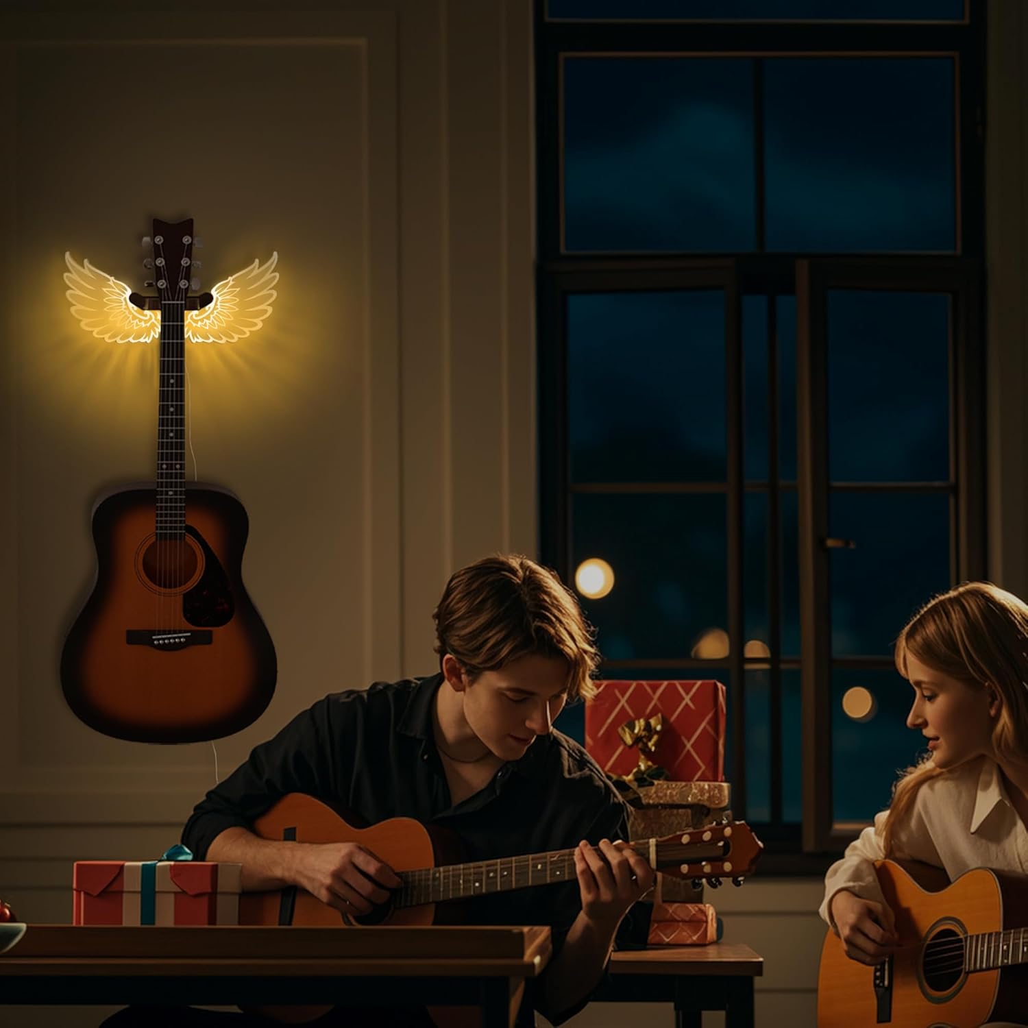 Guitar Stand Wall Mount with Luminous Angel Wings – Acrylic Wooden Guitar Hanger Shelf