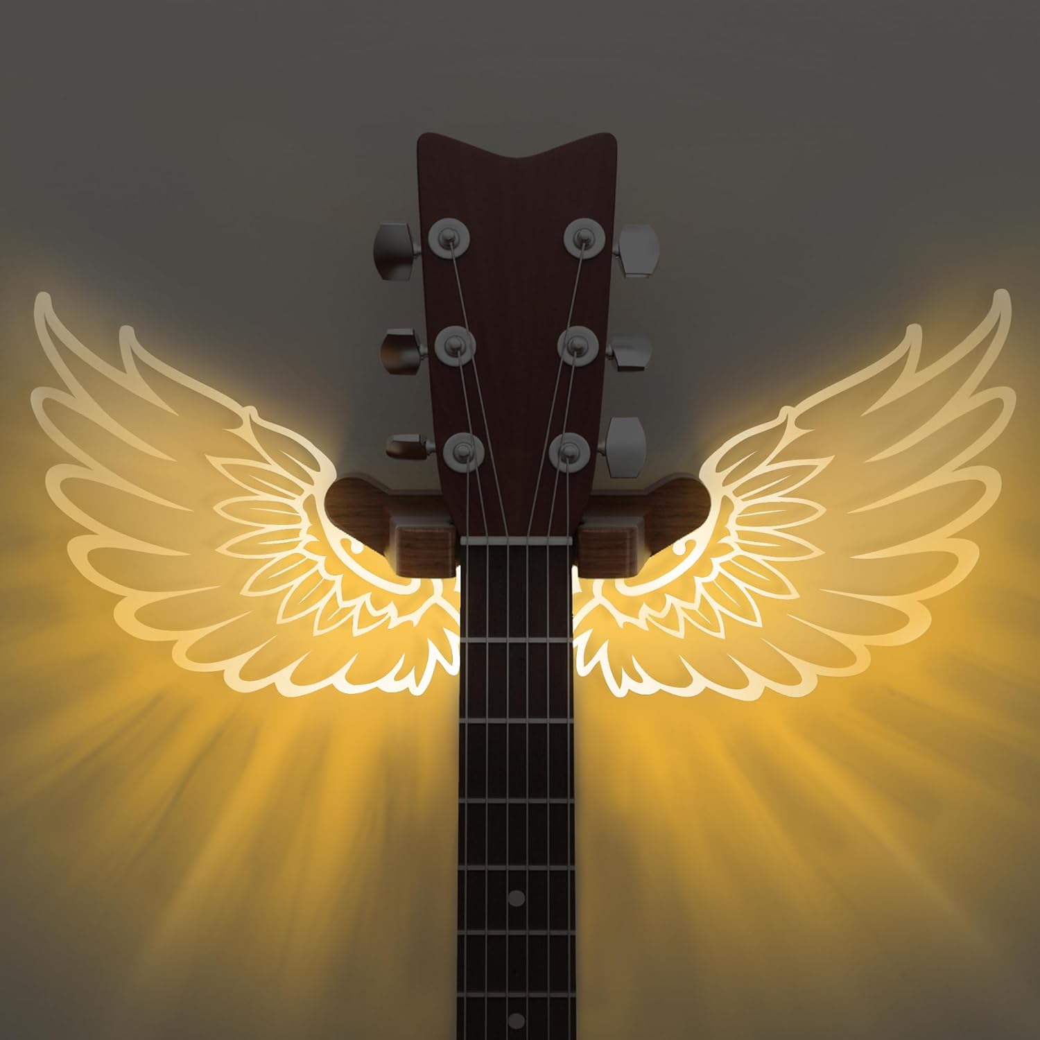 Guitar Stand Wall Mount with Luminous Angel Wings – Acrylic Wooden Guitar Hanger Shelf