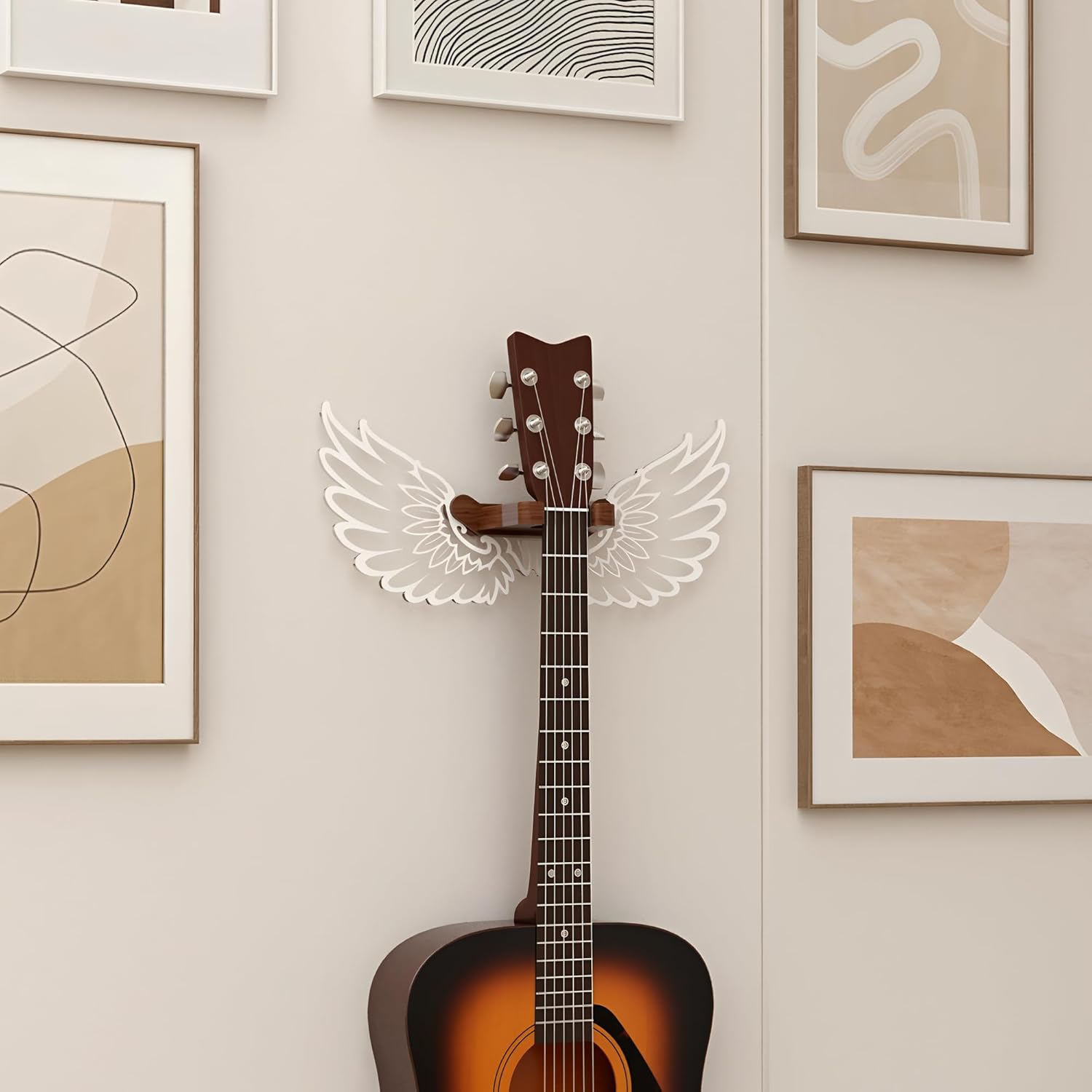 Guitar Stand Wall Mount with Luminous Angel Wings – Acrylic Wooden Guitar Hanger Shelf